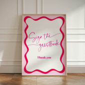 Hot Pink Wavy Border Guestbook Kleurrijk Reclamebord Met Voetstuk
