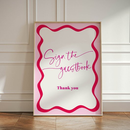 Hot Pink Wavy Border Guestbook Kleurrijk Reclamebord Met Voetstuk