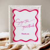Hot Pink Wavy Border Guestbook Kleurrijk Reclamebord Met Voetstuk