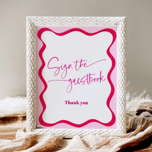 Hot Pink Wavy Border Guestbook Kleurrijk Reclamebord Met Voetstuk