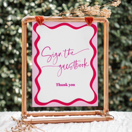 Hot Pink Wavy Border Guestbook Kleurrijk Reclamebord Met Voetstuk