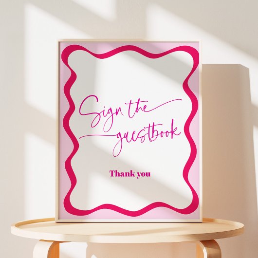 Hot Pink Wavy Border Guestbook Kleurrijk Reclamebord Met Voetstuk