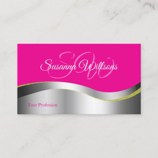Hot Pink Wavy Silver Decor met Initialen Classy Visitekaartje (Voorkant)