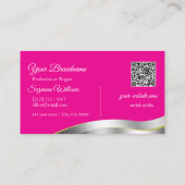Hot Pink Wavy Silver Decor met Initialen QR-code Visitekaartje (Achterkant)