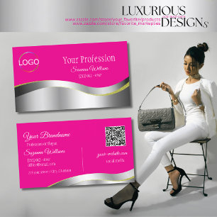 Hot Pink Wavy Silver Decor met Logo en QR-code Visitekaartje