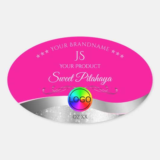 Hot Pink Wavy Silver Logo Monogram Productlabel Ovale Sticker (Voorkant)