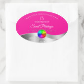 Hot Pink Wavy Silver Logo Monogram Productlabel Ovale Sticker (Tas)