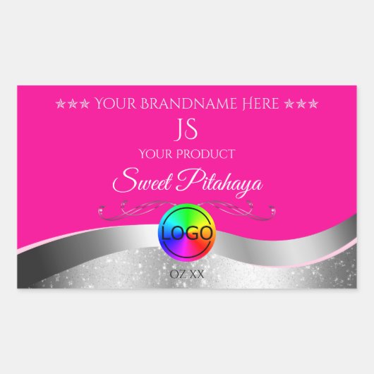 Hot Pink Wavy Silver Logo Monogram Productlabel Rechthoekige Sticker (Voorkant)