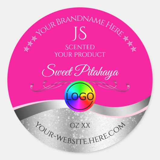 Hot Pink Wavy Silver Logo Monogram Productlabel Ronde Sticker (Voorkant)