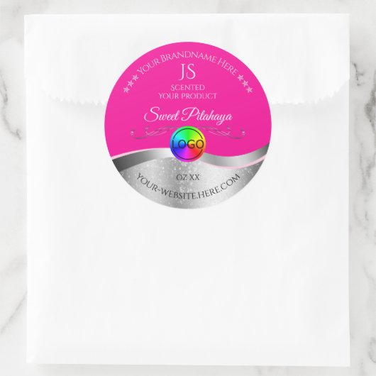 Hot Pink Wavy Silver Logo Monogram Productlabel Ronde Sticker (Tas)