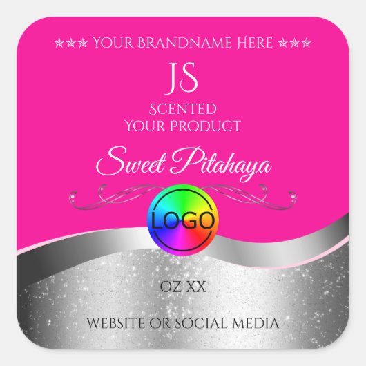 Hot Pink Wavy Silver Logo Monogram Productlabel Vierkante Sticker (Voorkant)