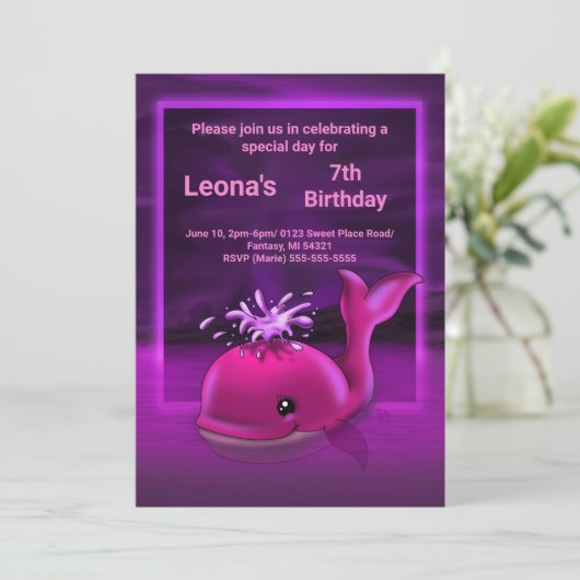Hot Pink Whale verjaardagsfeestje uitnodiging (Staand voorkant)