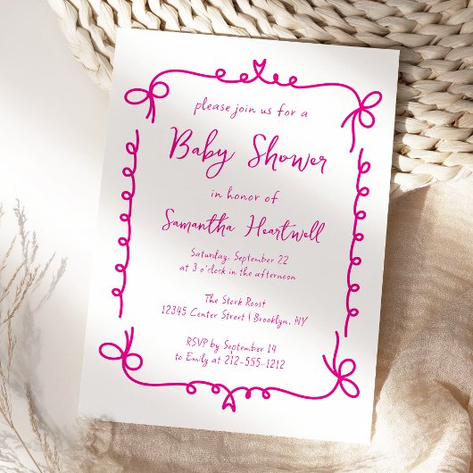Hot Pink Whimsical Handgeschreven Meisje Baby show Kaart