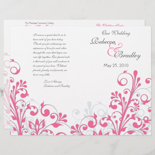 Hot Pink & White Abstract Floral Wedding Programme (Voorkant / Achterkant)