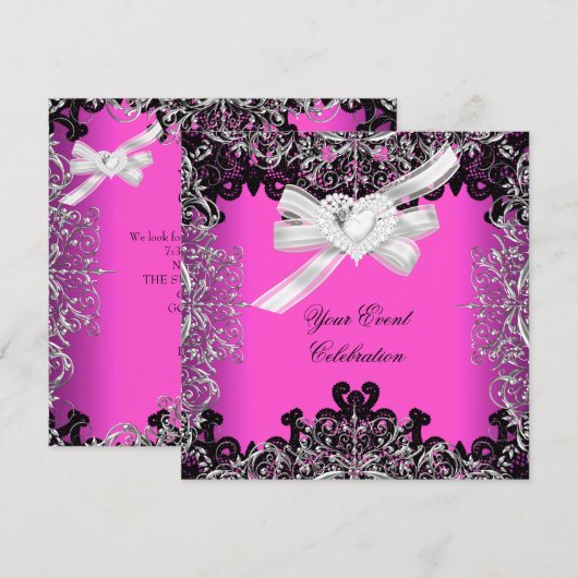 Hot Pink White Black Lace Elegant Party Kaart (Voorkant / Achterkant)