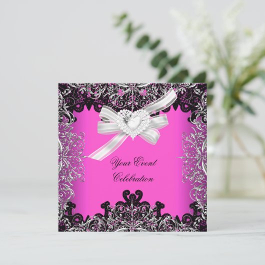 Hot Pink White Black Lace Elegant Party Kaart (Staand voorkant)