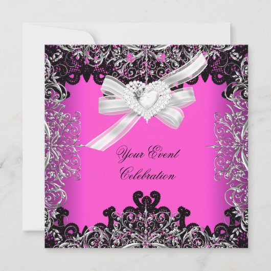  Hot Pink White Black Lace Elegant Party Kaart (Voorkant)