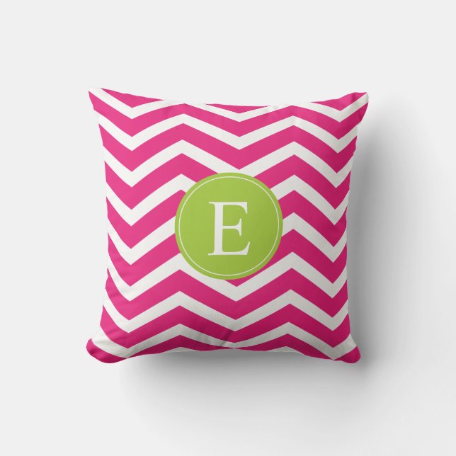 Hot Pink White Chevron Green Monogram Kussen (Voorkant)