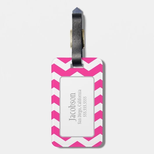 Hot Pink & White Chevron Monogram Bagagelabel (Achterkant verticaal)