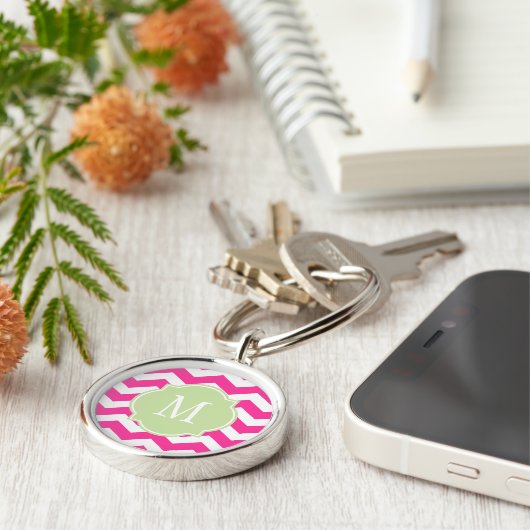 Hot Pink & White Chevron Monogram Sleutelhanger (Zijkant)