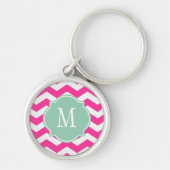 Hot Pink & White Chevron Monogram Sleutelhanger (Voorkant)