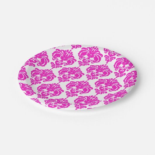 Hot Pink & White Damask Chic Elegant Party Papieren Bordje (Gekanteld)
