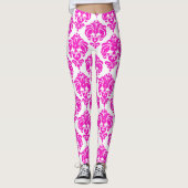 Hot Pink White Damask Chic Modern Elegant Patroon Leggings (Voorkant)