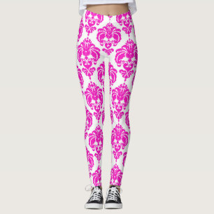 Hot Pink White Damask Chic Modern Elegant Patroon Leggings