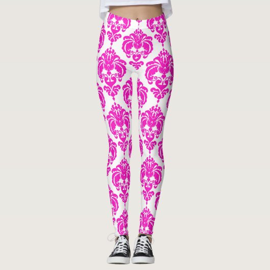 Hot Pink White Damask Chic Modern Elegant Patroon Leggings (Voorkant)