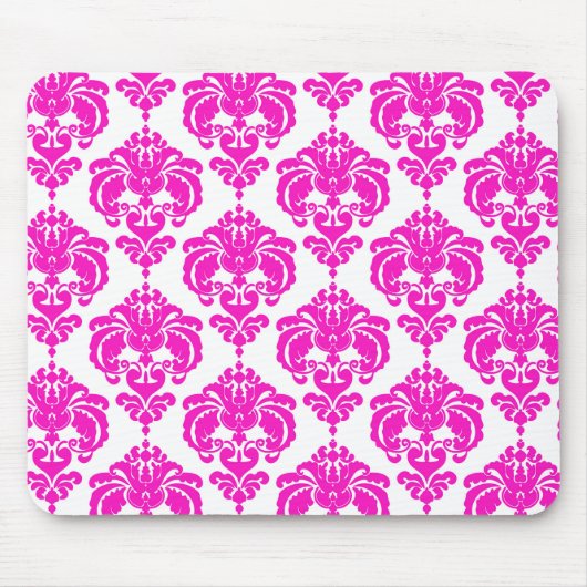 Hot Pink White Damask Chic Modern Elegant Patroon Muismat (Voorkant)