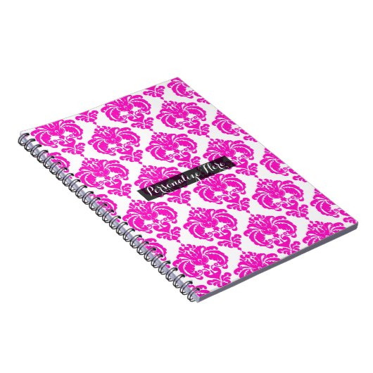 Hot Pink White Damask Chic Modern Elegant Patroon Notitieboek (Rechterzijde)
