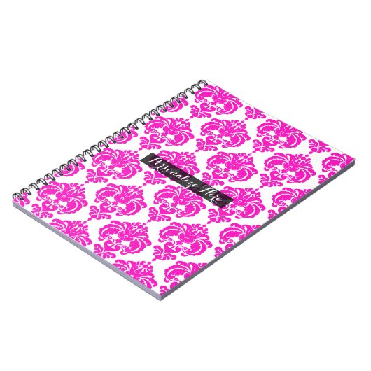 Hot Pink White Damask Chic Modern Elegant Patroon Notitieboek (Linkerzijde)