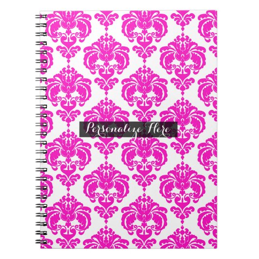 Hot Pink White Damask Chic Modern Elegant Patroon Notitieboek (Voorkant)