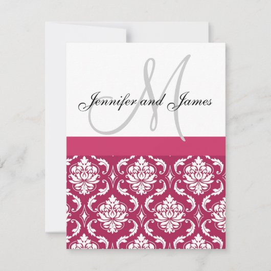 Hot Pink White Damask Monogram Weddenschap Kaart (Voorkant)