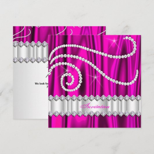 Hot Pink White Diamonds Silver Birthday Party Kaart (Voorkant / Achterkant)