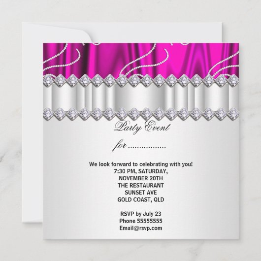 Hot Pink White Diamonds Silver Birthday Party Kaart (Achterkant)