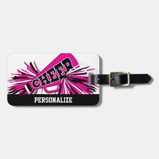 Hot Pink, White en Black Cheerleader Megaphone Bagagelabel (Voorkant horizontaal)