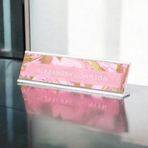 Hot Pink, White en Gold Foil Moderne marmer Bureau Naambordje