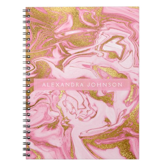 Hot Pink, White en Gold Foil Moderne marmer Notitieboek (Voorkant)