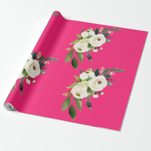 Hot Pink White floral Cadeaupapier (Uitgerold)