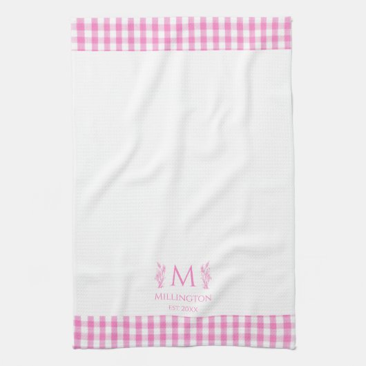 Hot Pink & White Gingham Personal Monogram Aangepa Theedoek (Verticaal)