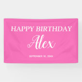 Hot Pink White Happy Birthday Name Datum Spandoek (Horizontaal)