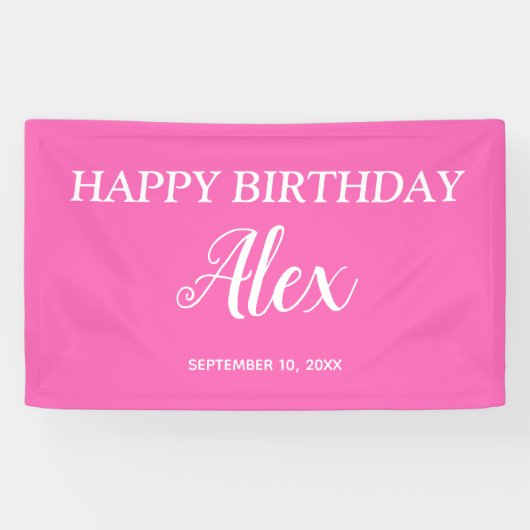 Hot Pink White Happy Birthday Name Datum Spandoek (Horizontaal)