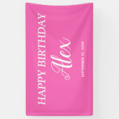 Hot Pink White Happy Birthday Name Datum Spandoek (Verticaal)