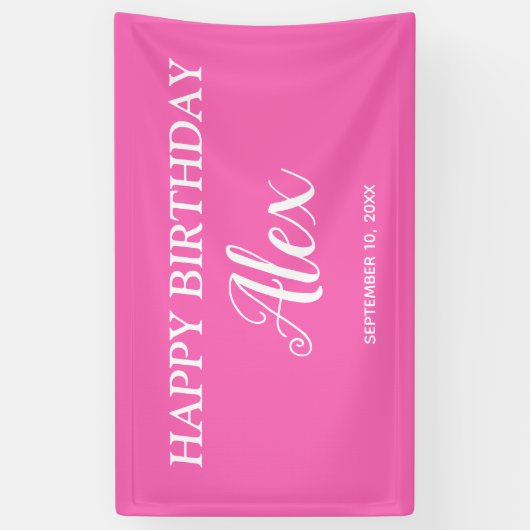Hot Pink White Happy Birthday Name Datum Spandoek (Verticaal)