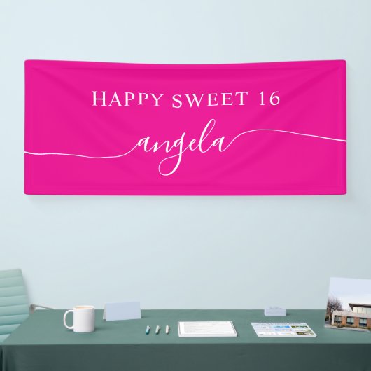 Hot Pink White Happy Sweet 16 Glam Handtekening Na Spandoek (Beurs)