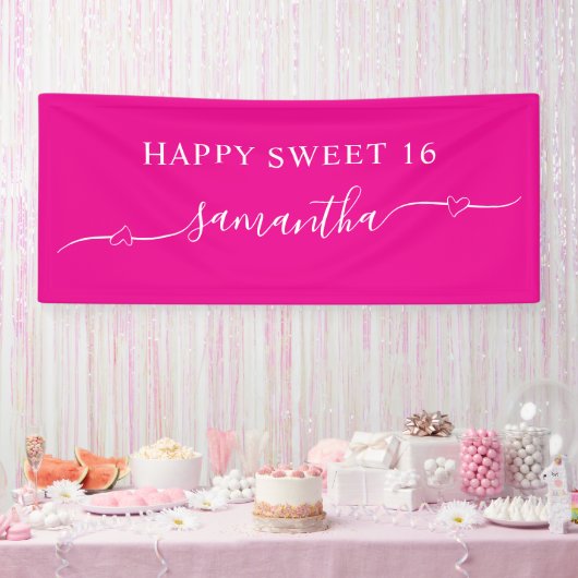 Hot Pink White Happy Sweet 16 Heart Swash Naam Spandoek (Feest)