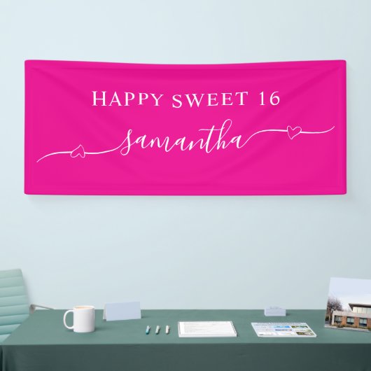 Hot Pink White Happy Sweet 16 Heart Swash Naam Spandoek (Beurs)