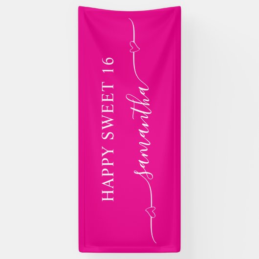 Hot Pink White Happy Sweet 16 Heart Swash Naam Spandoek (Verticaal)