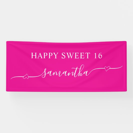 Hot Pink White Happy Sweet 16 Heart Swash Naam Spandoek (Horizontaal)